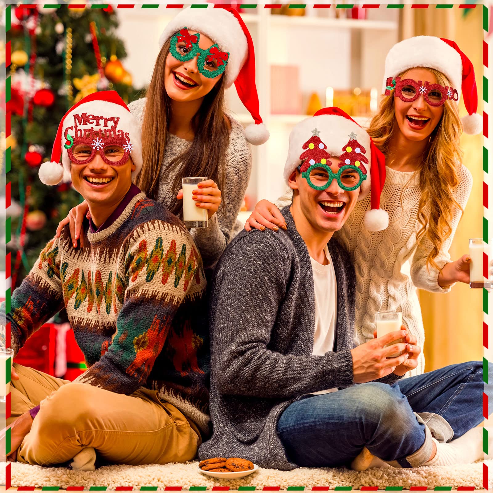 48 Pieces Christmas Glasses Glitter Holiday Glasses Frames Cute Costume Eyeglasses Frame Unisex Eyeglasses Fun Christmas Party Decorations for Holiday Party Photo Booth Decorations, Assorted Styles