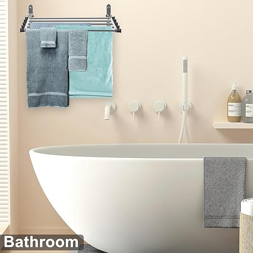 Miniatura 6 de tonchean Estante de secado de ropa montado en la pared, con 5 varillas de plástico, de acero inoxidable, diseño resistente que ahorra espacio