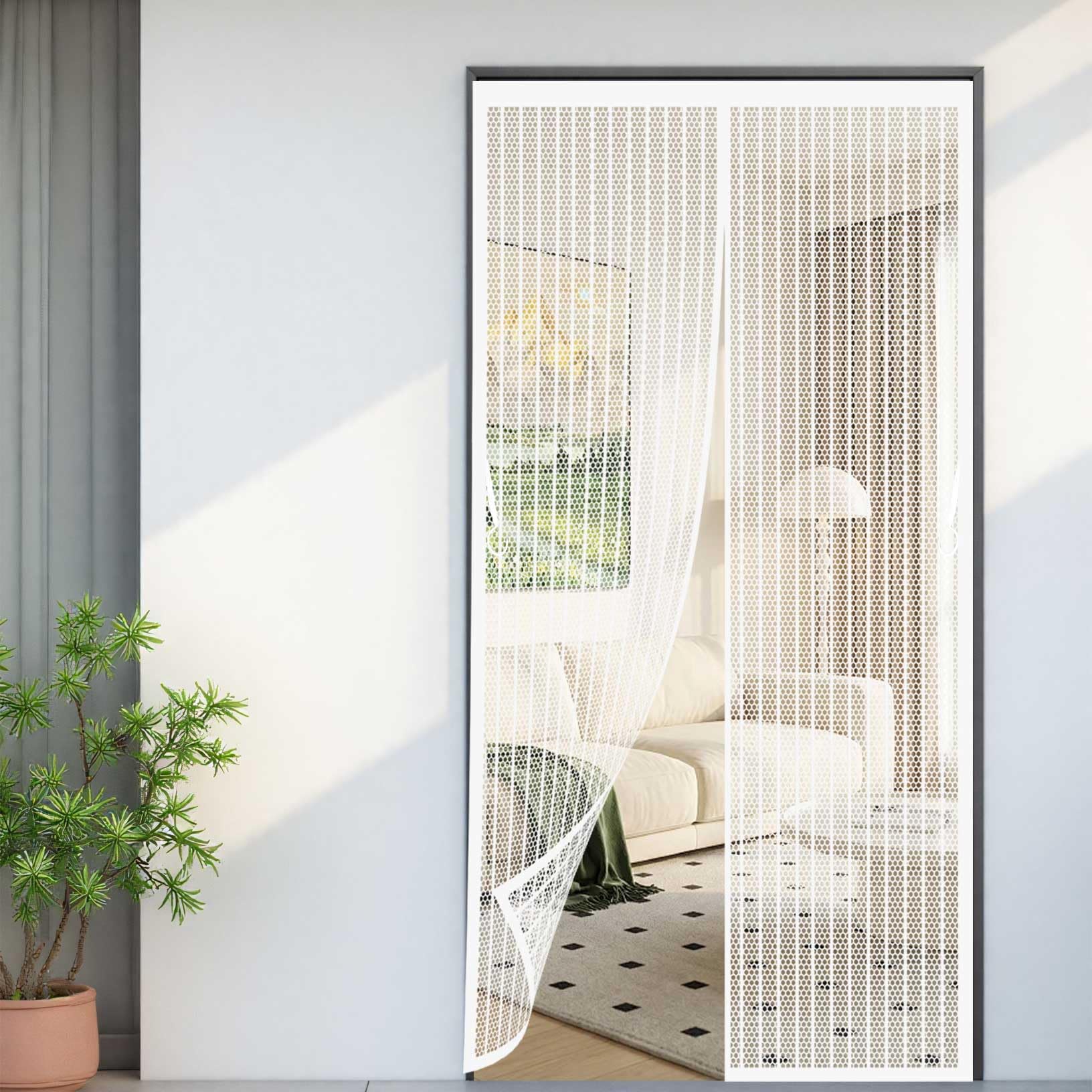Fly Screens for Doors 122 x 197 cm with Powerful Magnets and Full Frame Magic Tape Anti Mosquito Mesh Fly Curtain Self Sealing No Gap, Pet-Friendly for Home, Office and Store, White