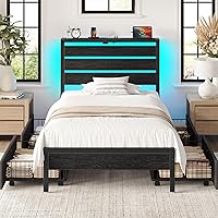 Vista 1 de Rolanstar Base de cama individual con 4 cajones, luces LED y estación de carga, plataforma de metal con cabecera de almacenamiento, sin ruido, fácil