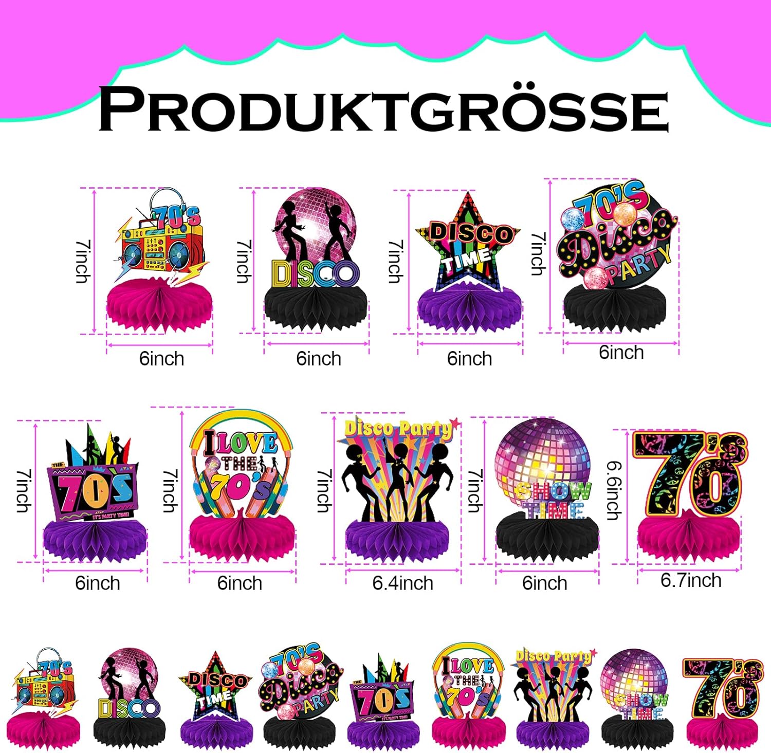 Pack of 9 Disco Honeycomb Table Decorations 70s Party Honeycomb Table Decoration, Carnival Decoration Party, 70s 80s 90s Disco Honeycomb Table Decorations, Rock 'n' Roll Theme Party Disco