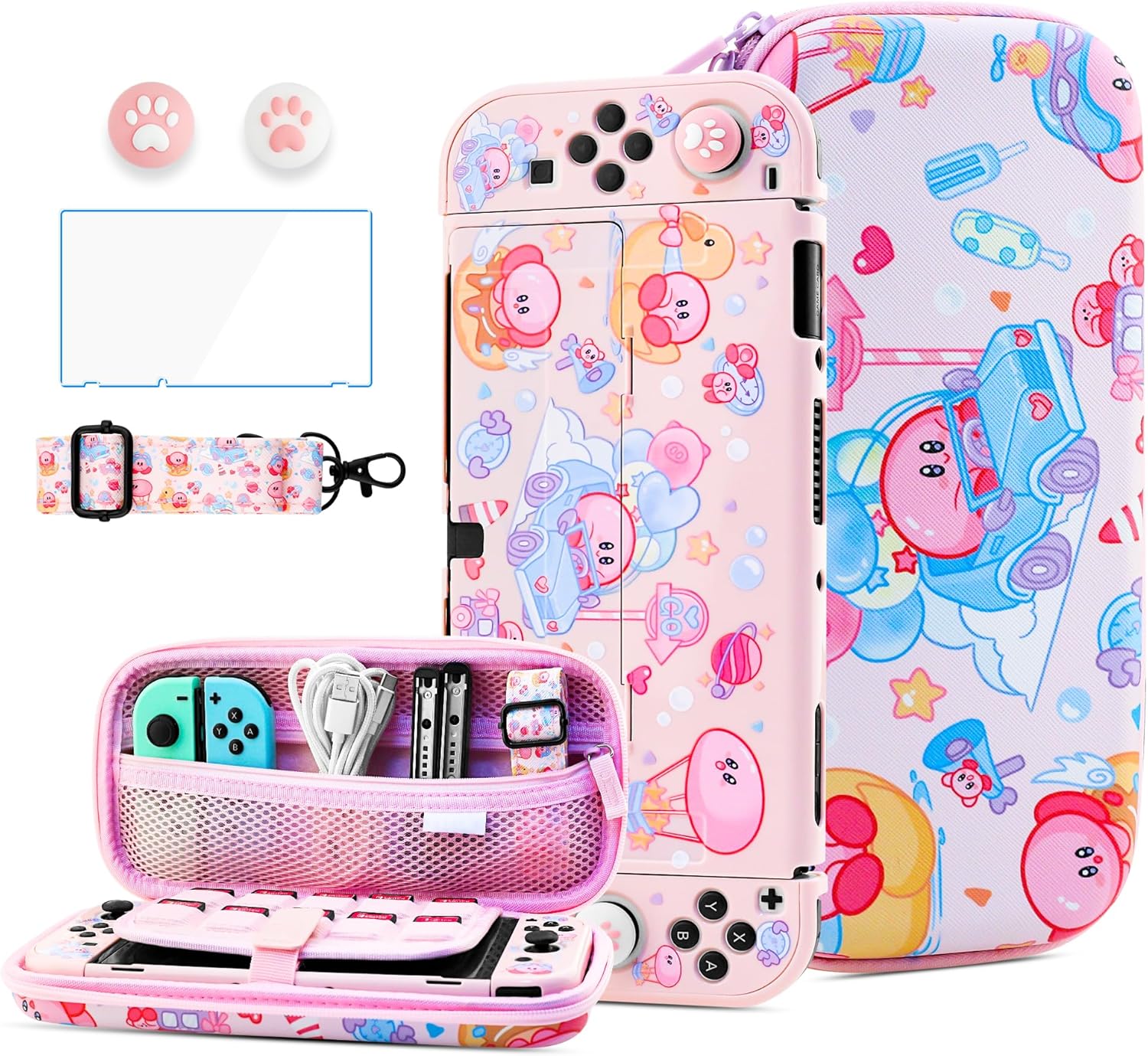 HYPERCASE 8 in 1 Cute Anime Switch OLED Accessories Bundle, with Pink Switch OLED Carrying Travel Case, Hard PC Protective Cover Skin, HD Screen Protector, Shoulder Strap & 2 Kawaii Thump Caps