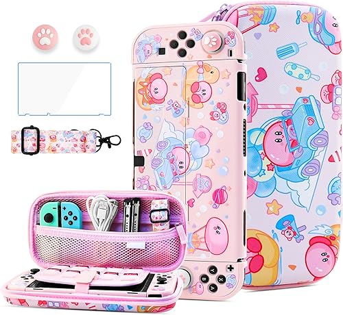 HYPERCASE 8 in 1 Cute Anime Switch OLED Accessories Bundle, with Pink Switch OLED Carrying Travel Case, Hard PC Protective Cover Skin, HD Screen