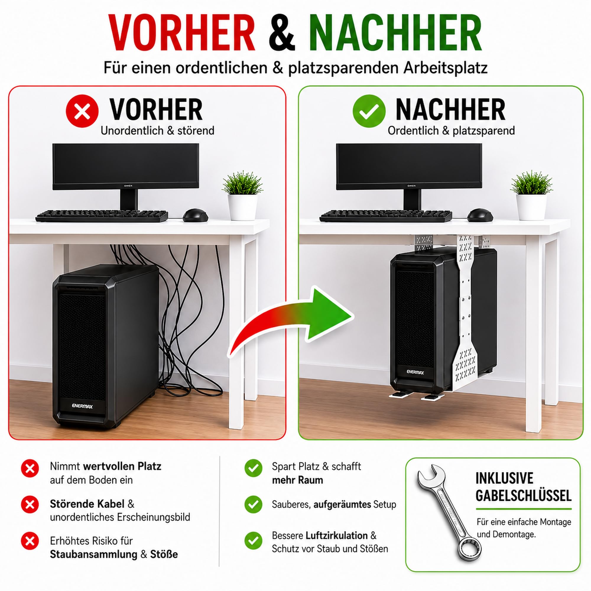 PC Halterung unter Schreibtisch, Maximale Breite bis zu 360 mm, bis zu 35 kg Tragfähigkeit, PC Untertisch Halterung mit Schutzpolster, Heavy Duty Computergehäuse, Weiß