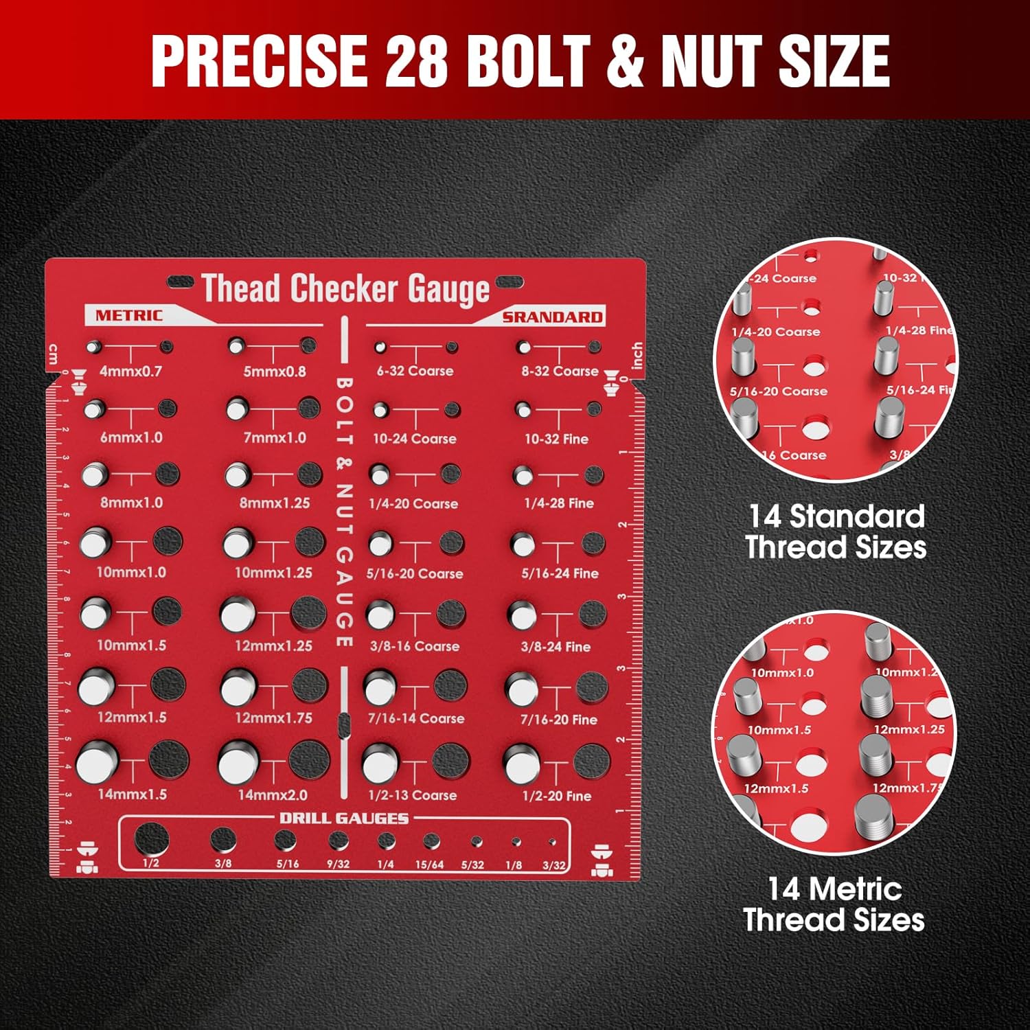 Thread Checker,Bolt Size Finder,Screw Size Chart,Thread Checker Standard and Metric,Bolt and Nut Identifier Gauge,Bolt Size and Thread Gauge,Nut and Bolt Thread Checker (Red, 1)