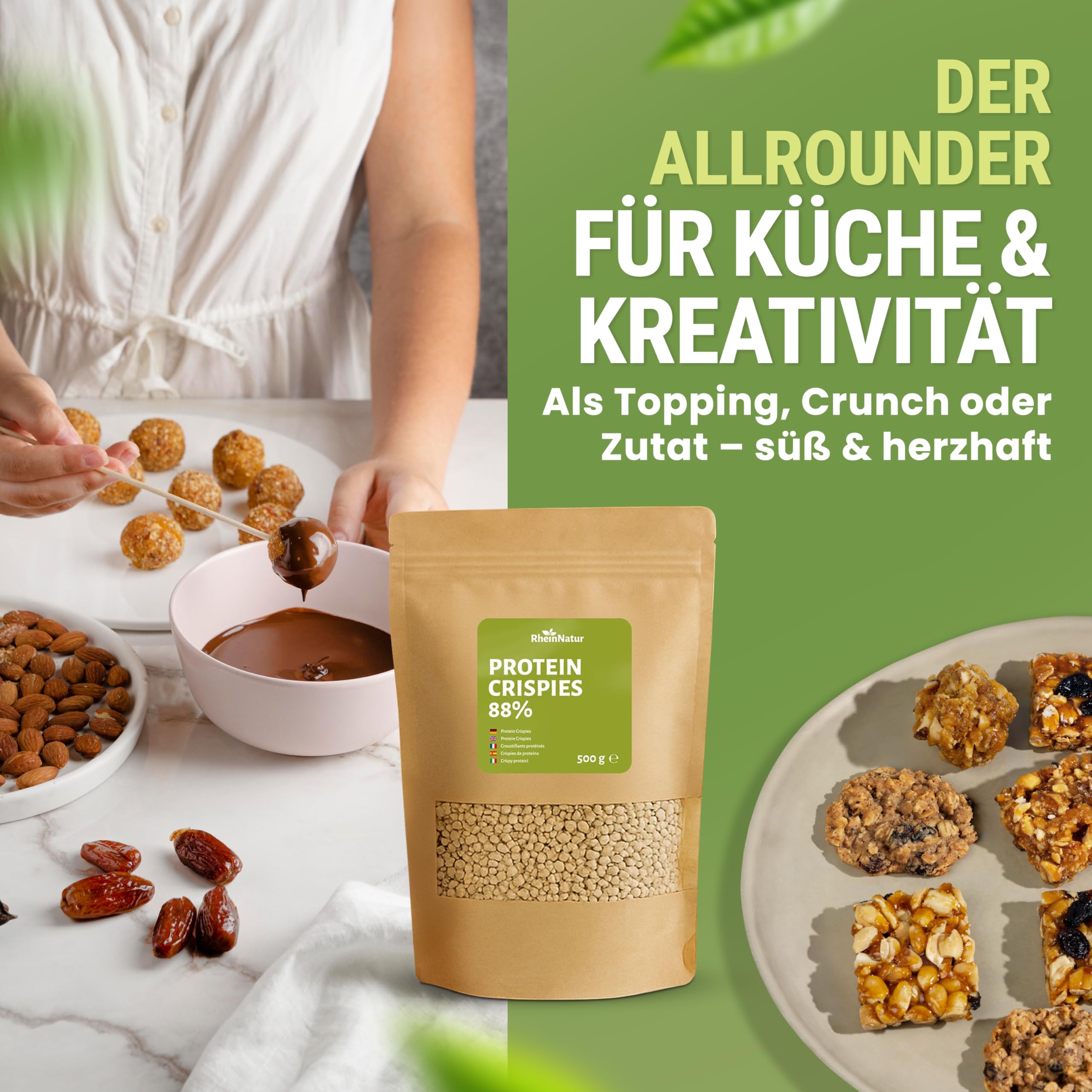 RheinNatur Crispies Proteína de soja, 88%, 500 g, fuente de proteína vegana sin azúcar añadida, cobertura crujiente para muesli, yogur y ensalada o como crujiente para platos y barras salados