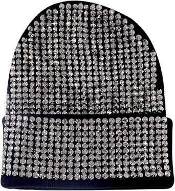 Shiny Bling Rhinestone Beanie Cap for Women Y2K Skull Beanies Winter Knit Snow Soft Hat Stretchy Ski Hats