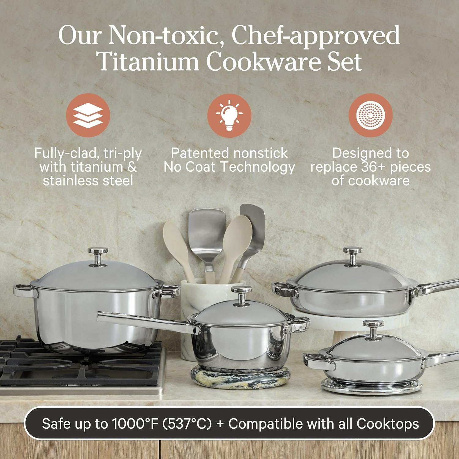 Our Place Titanium Pro Cookware Set | Standard & Mini Always Pans & Perfect Pots | Coating-Free Titanium Nonstick, Tri-Ply Stainless & Aluminum | Oven, Induction & All Cooktops up to 1000°F | Chrome