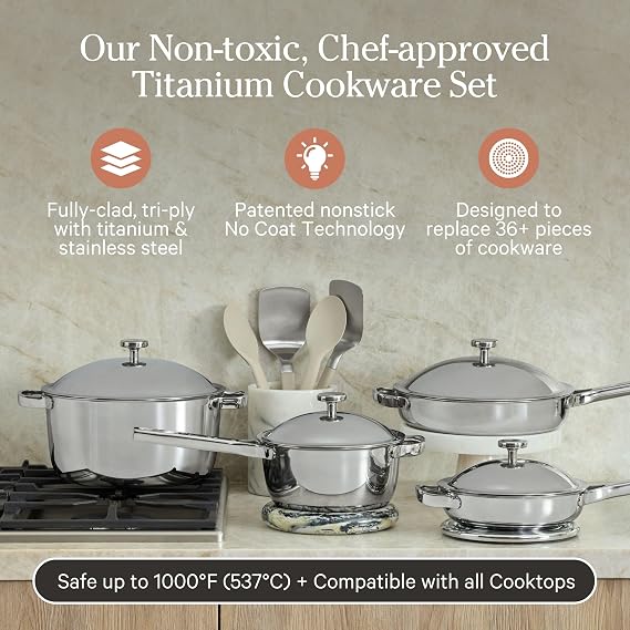 Our Place Titanium Pro Cookware Set | Standard & Mini Always Pans & Perfect Pots | Coating-Free Titanium Nonstick, Tri-Ply Stainless & Aluminum | Oven, Induction & All Cooktops up to 1000F | Chrome
