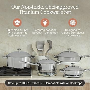 Our Place Titanium Pro Cookware Set | Standard & Mini Always Pans & Perfect Pots | Coating-Free Titanium Nonstick, Tri-Ply Stainless & Aluminum | Oven, Induction & All Cooktops up to 1000F | Chrome