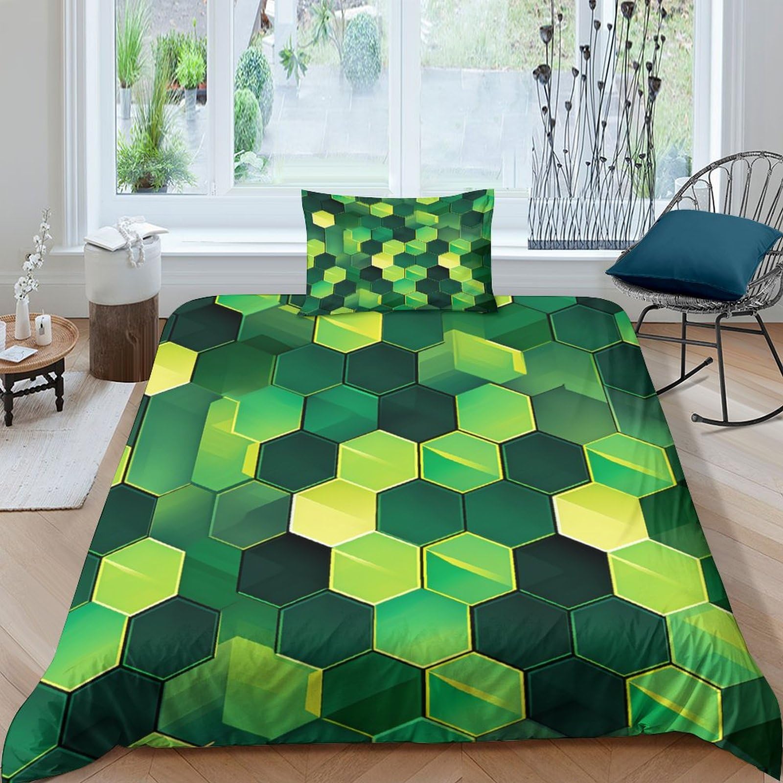 Housse de couette imprimé vert métallisé géométrique 3D parure de lit zippée en microfibre
