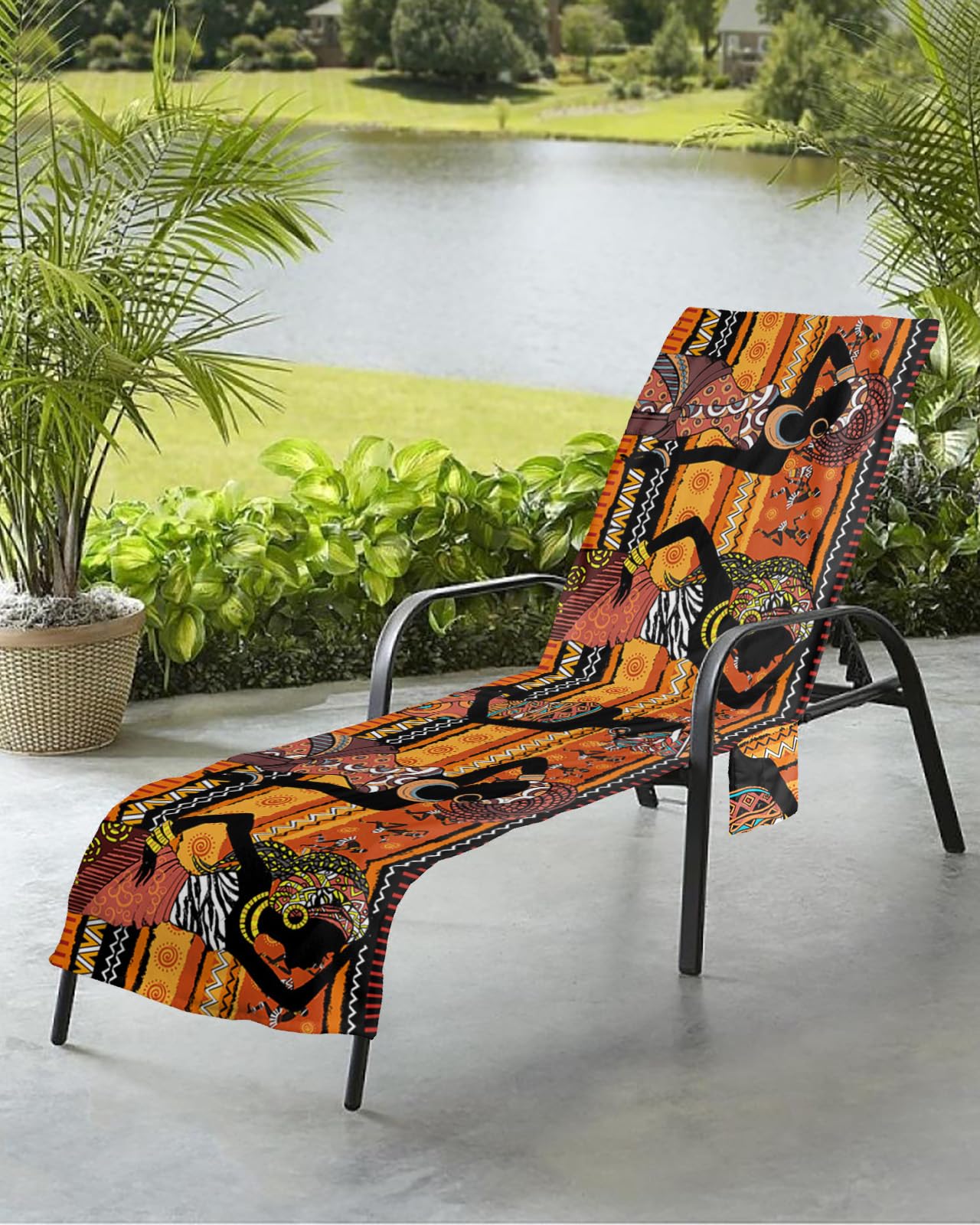 Boho African Black Women Beach Chair Towel Covers for Chaise Lounge with Side Pocket, Soft Plush Pool Towels Cover for Patio Sunbathing Outdoor 29''x85'' Rustic Colorful Bohemian Tribal