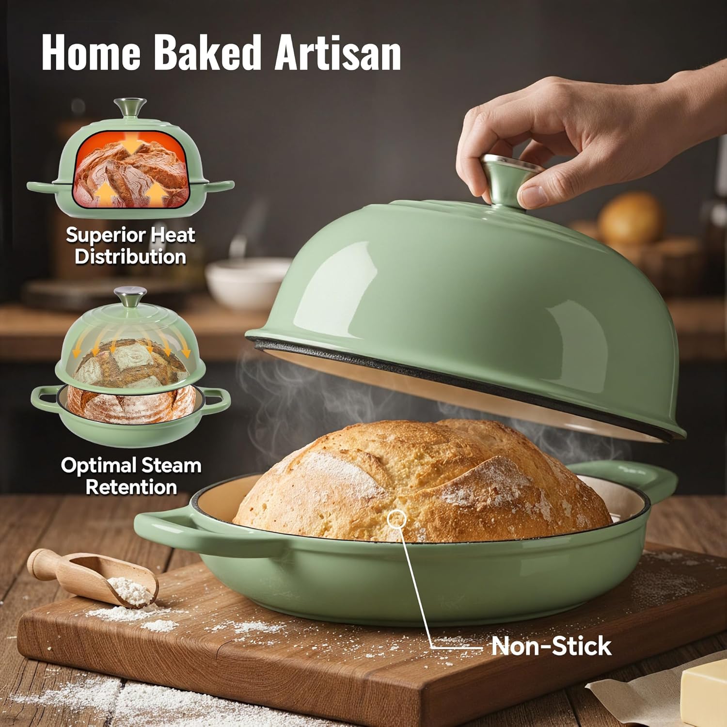 4.5 QT Dutch Oven for Bread Baking, Cast Iron Bread Oven for Sourdough, Enamelled Bread Dutch Oven with Lid, Heavy-Duty Non Stick Bread Pot, Green