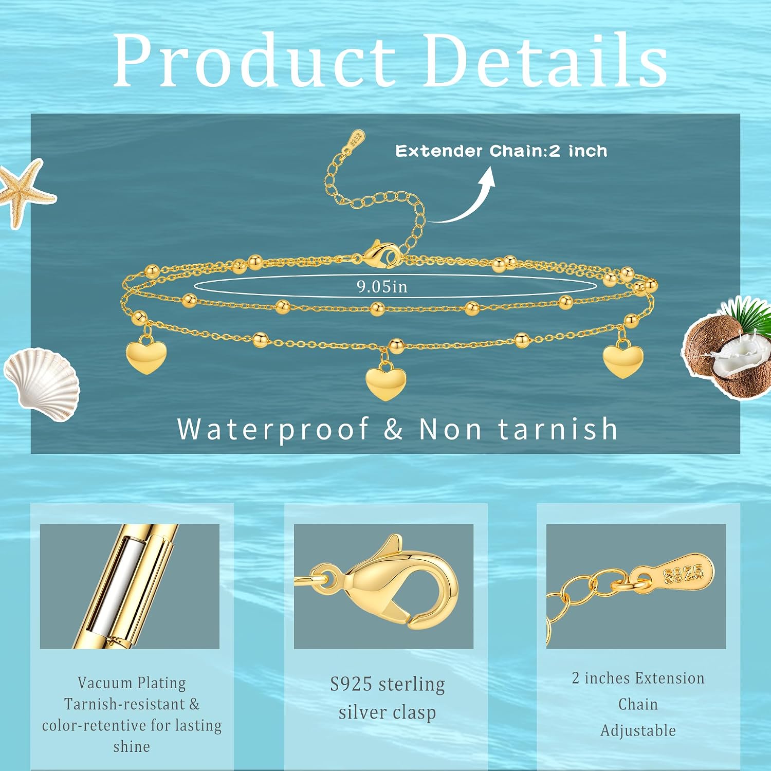 Sterling Silver Ankle Bracelets for Women 14k Gold Waterproof Layered Stackable Bead Chain Dainty Heart Charm Large Adjustable Anklet for Summer Beach Jewelry Gift