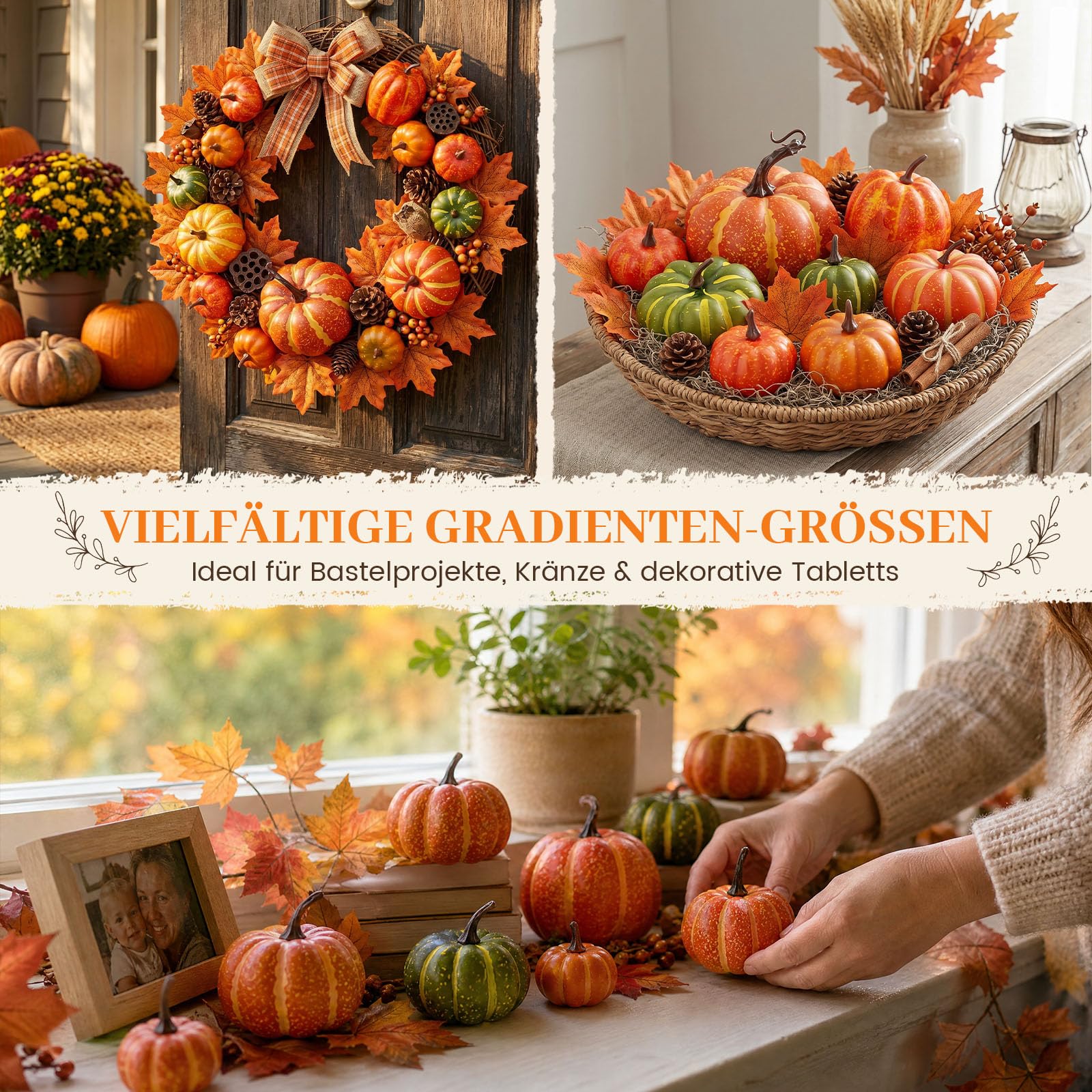 HAKACC Künstliches Kürbissse Set, 8 Verschiedene Gefälschte Kürbisse mit 30 Blatt Künstlichen Ahornblättern für Thanksgiving-Halloween-Party-Dekoration