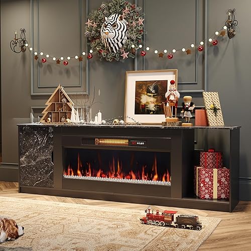 Bestier 70 Inch Fireplace TV Stand with 36" Fireplace Media Entertainment Center Console Table for TV up to 80" with Cabinets and Open Storage for PS5 Home Theater, Black