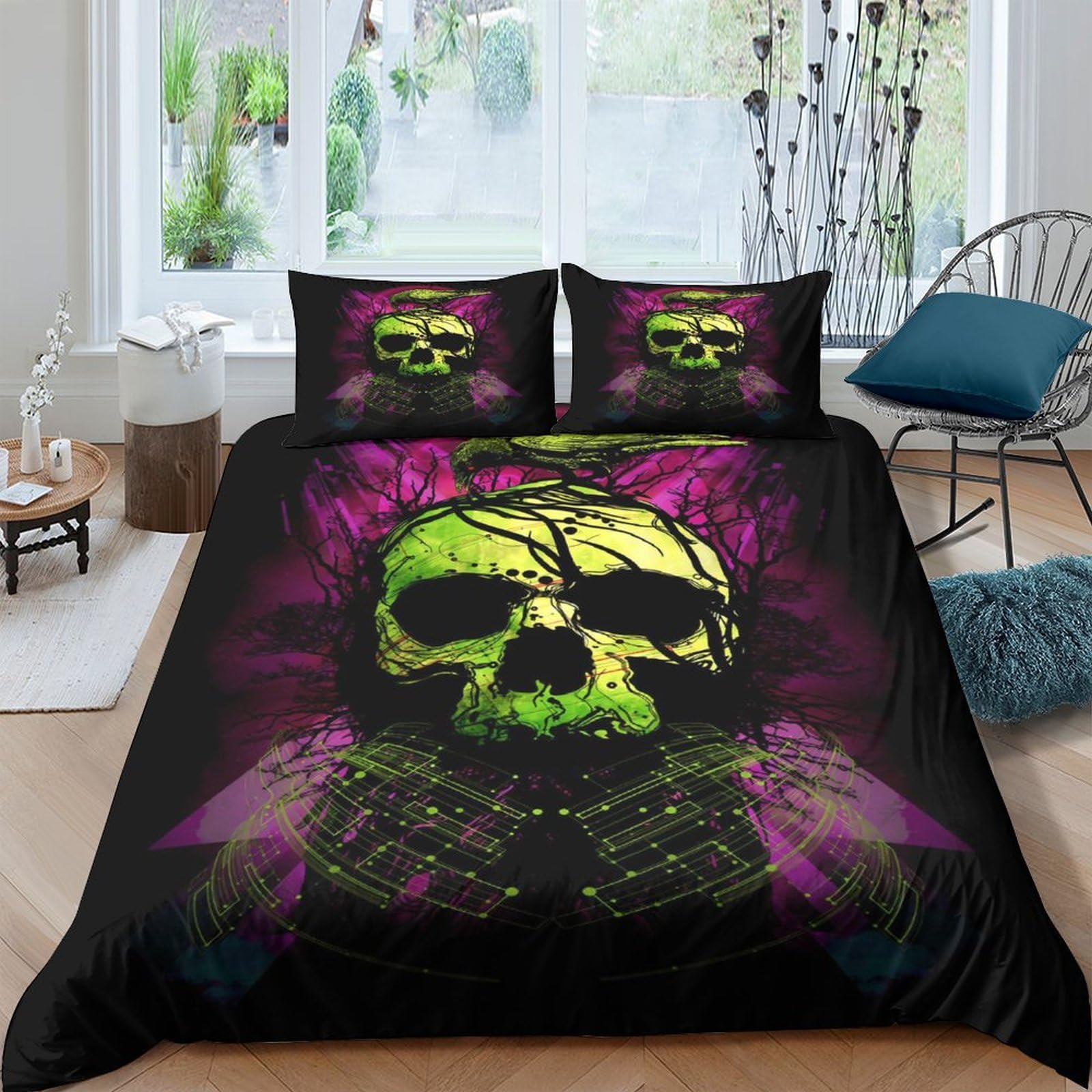TUFRTGYHN 3D Printed Neon Skull Duvet Cover Microfiber Soft Breathable Gothic Skeleton Bedding Set with 2 Pillowcases for Bedroom Decor Single（135x200cm）