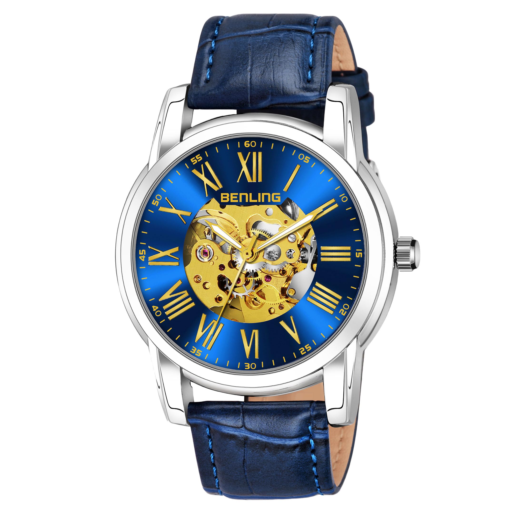 Benling Skeleton Analog Automatic Watch for Men, Mechanical Movement, Leather Strap, Formal Casual Party Official Purpose (Blue/Silver) (B0CNGLKP66) Amazon Price History, Amazon Price Tracker