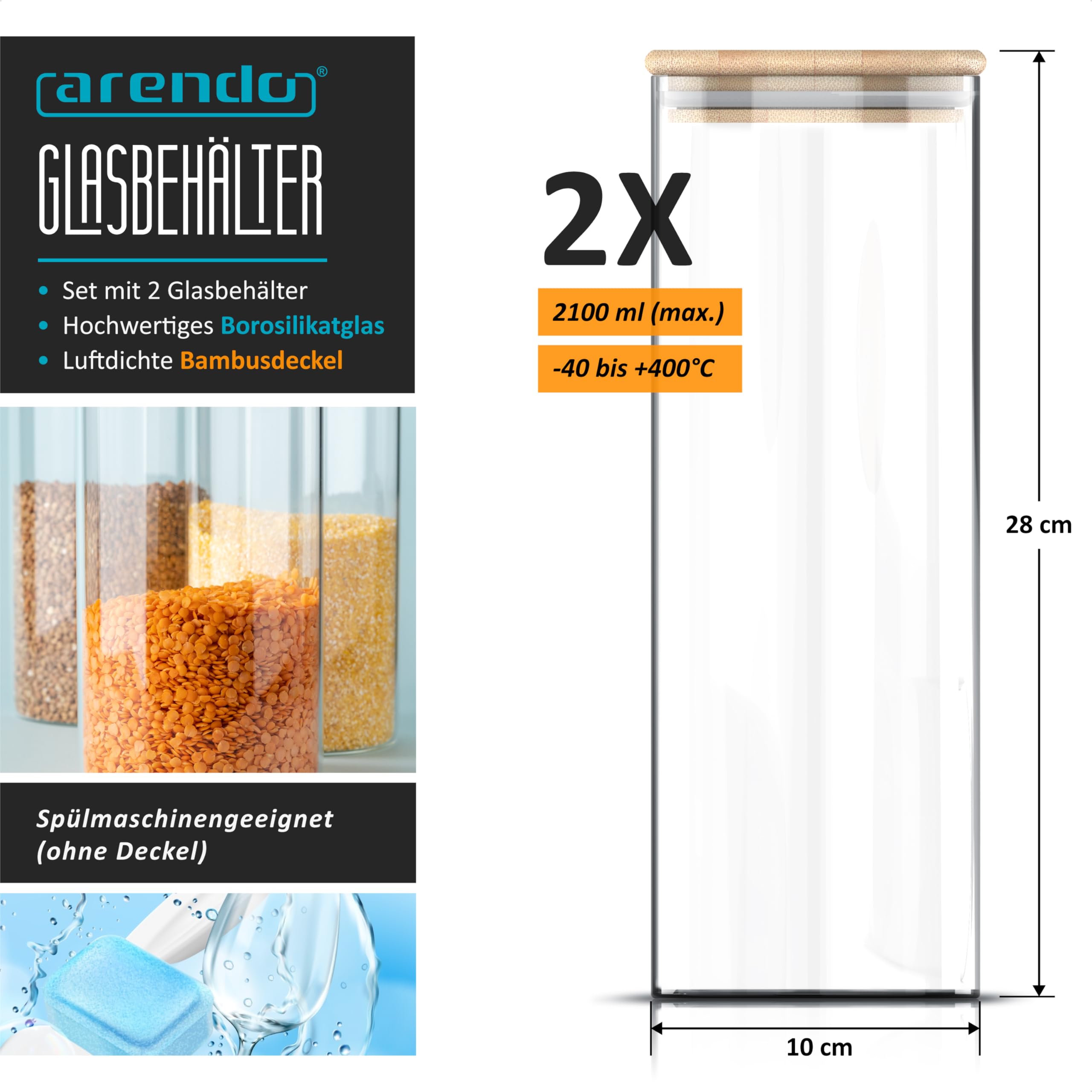 Arendo - Vorratsgläser mit Deckel - 2er Set - Behälter aus Glas – hitzebeständig – Vorratsdosen mit Bambusdeckel - luftdicht - für Spaghetti Müsli Zucker Mehl Kaffee Reis