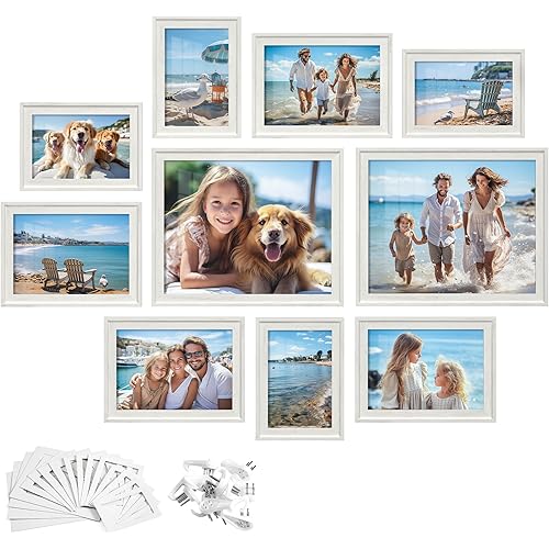 SONGMICS Picture Frames with 16 Mats, Set of 10, Collage Photo Frames with Two 8x10, Four 5x7, Four 4x6 Frames, Hanging or Tabletop Display, MDF and Glass, 12 Non-Trace Nails, Rustic White URPF049W01