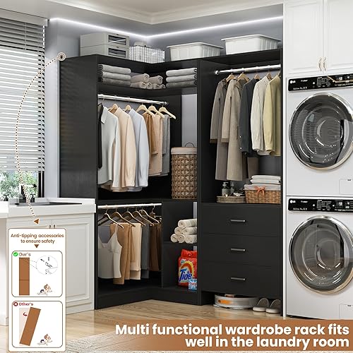 Miniatura 2 de Aheaplus Sistema de armario con 3 cajones, 2 varillas para colgar y torre de esquina, sistema de armario de esquina con colgante, organizador de