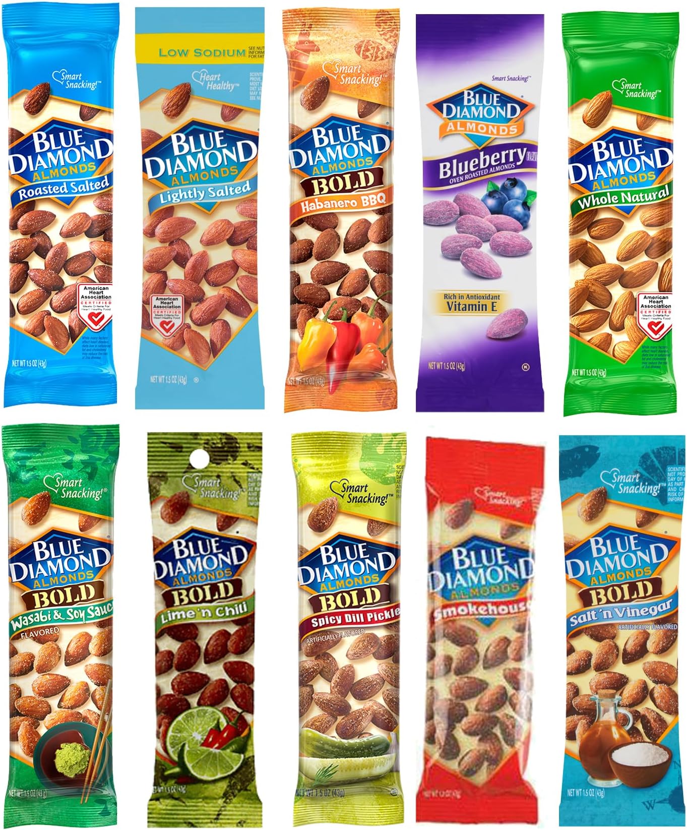 Blue Diamond Almond Variety Packs, 10 Flavors, 1.5 Ounce Bags (Pack of 10)