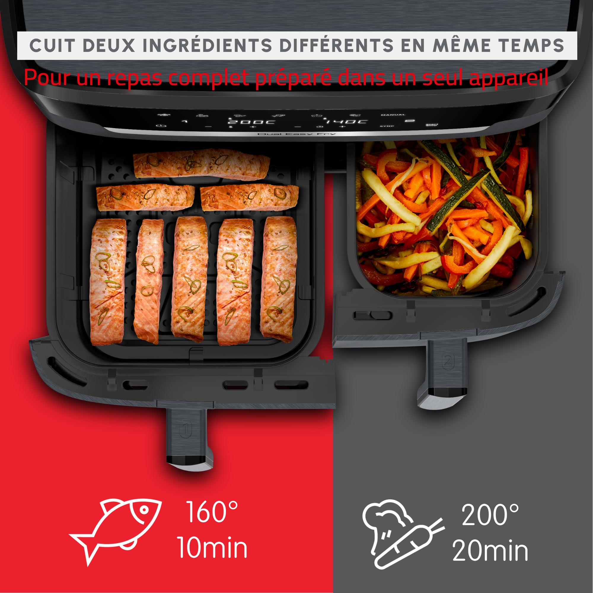 Moulinex XXL Dual Easy Fry, frytkownica powietrzna o pojemności 11 litrów, z podwójnym nieprzywierającym koszem, nadaje się do mycia w zmywarce, zmniejszone zużycie energii, 7 trybów i przepisów na