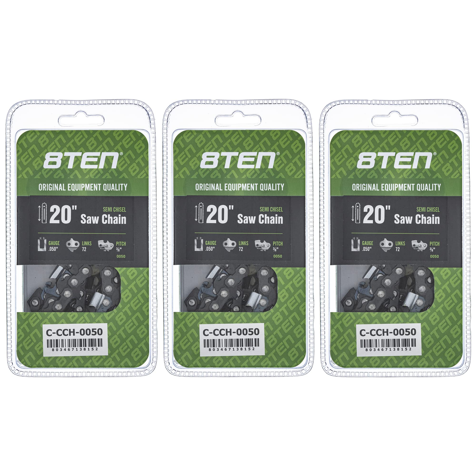 8TEN Semi Chisel Chainsaw Chain 20 Inch .050 3/8 72DL for Husqvarna 455 Rancher Stihl MS 270 Poulan PP5020AV (3 Pack)