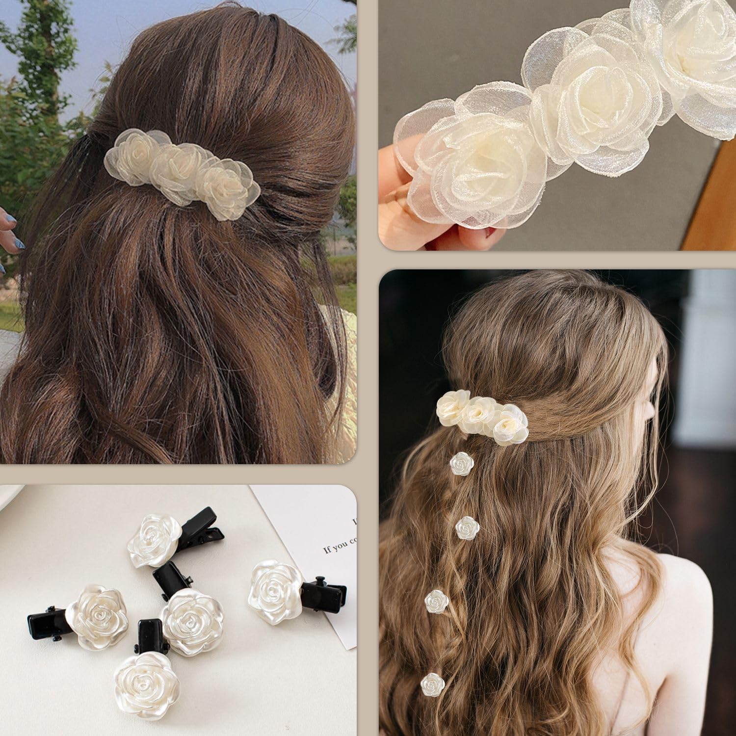1 horquilla de camelia, 5 horquillas pequeñas, horquillas hechas a mano para niñas, tiara blanca, flores para el pelo