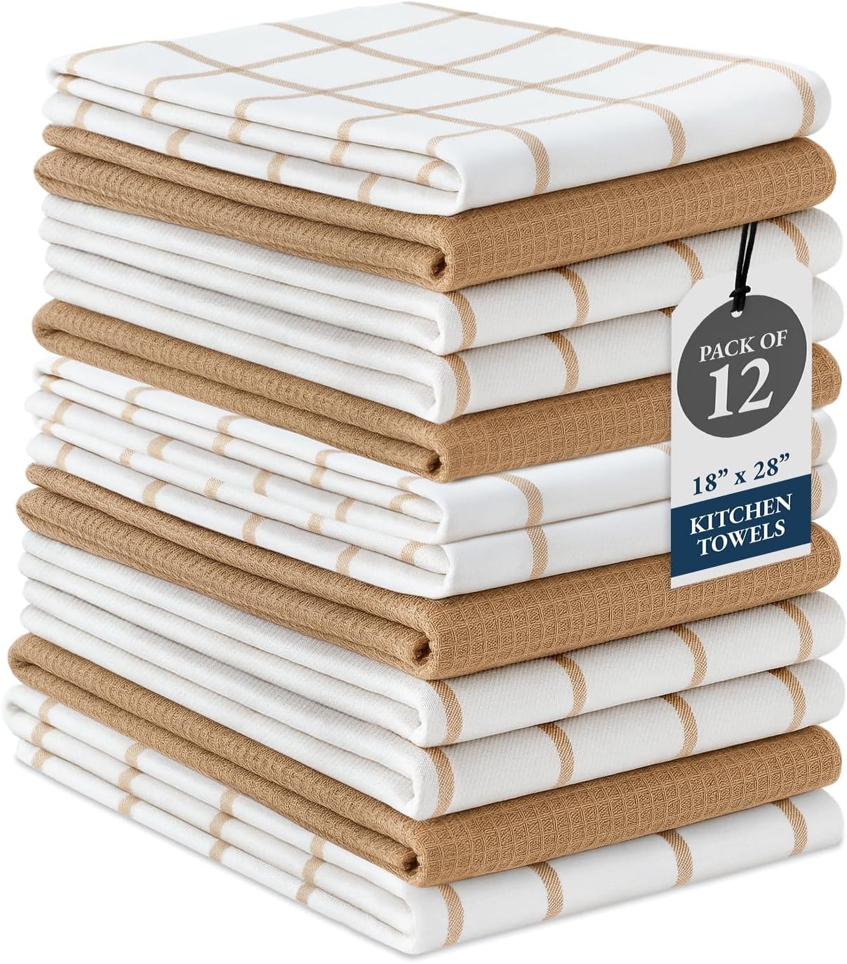 LANE LINEN Kitchen Towels & Dishcloths Set of 12-100% Cotton, Quick-Drying 18” x 28” Absorbent Dish & Tea Towels, Soft Hand Towels for Kitchen - Beige