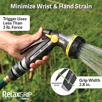 Melnor 65187AMZ RelaxGrip 8-Pattern Hose Nozzle with Quick Connect Bundle, Ergonomic Rear Trigger, Lightweight Water Nozzle, Arthritis Foundation Ease of Use Certified, Black, Yellow