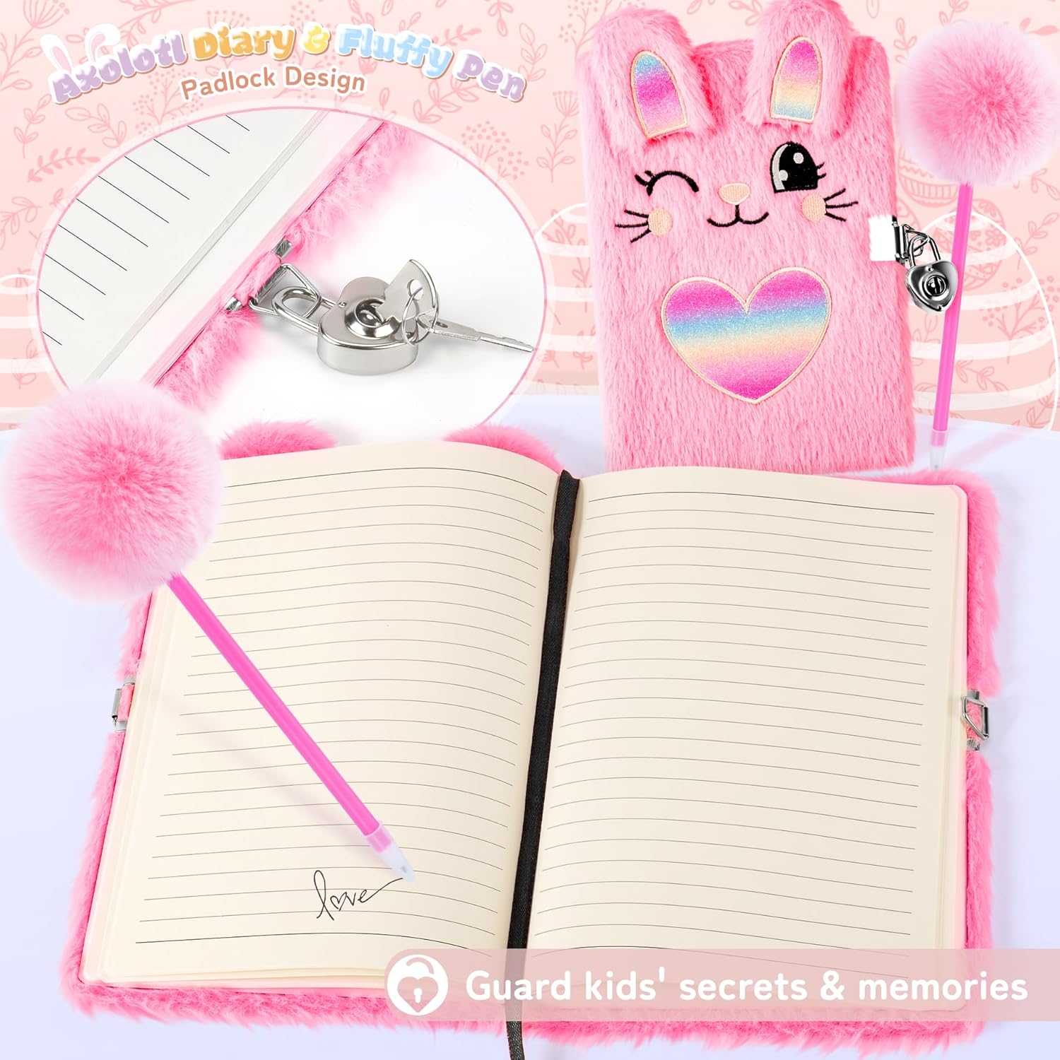 13PCS Easter Gifts Set for Girls Kids,Easter Basket for Girls,Birthday Gifts for Kids Gift Age 3 4 5 6 7 8 9 10 Basket with Stationery Plush Diary with Lock/Water Bottle/Crossbody Bag/Headband