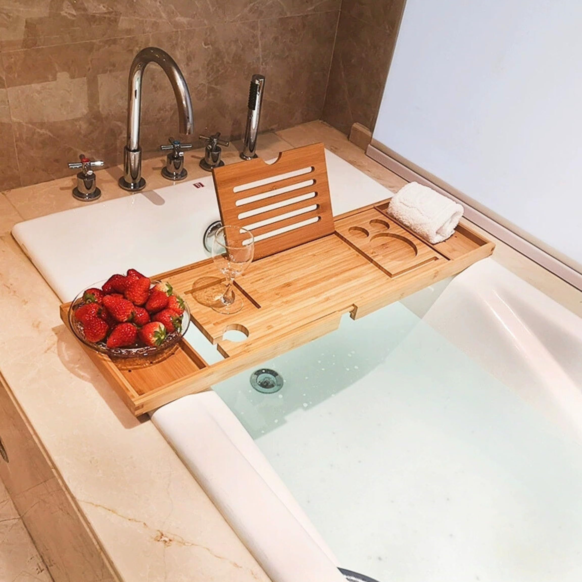 AQUAUNO - Mensola allungabile per vasca da bagno in bambù, regolabile con portabevande, fermalibri e supporto per computer portatile, supporto multifunzione per vasca da bagno