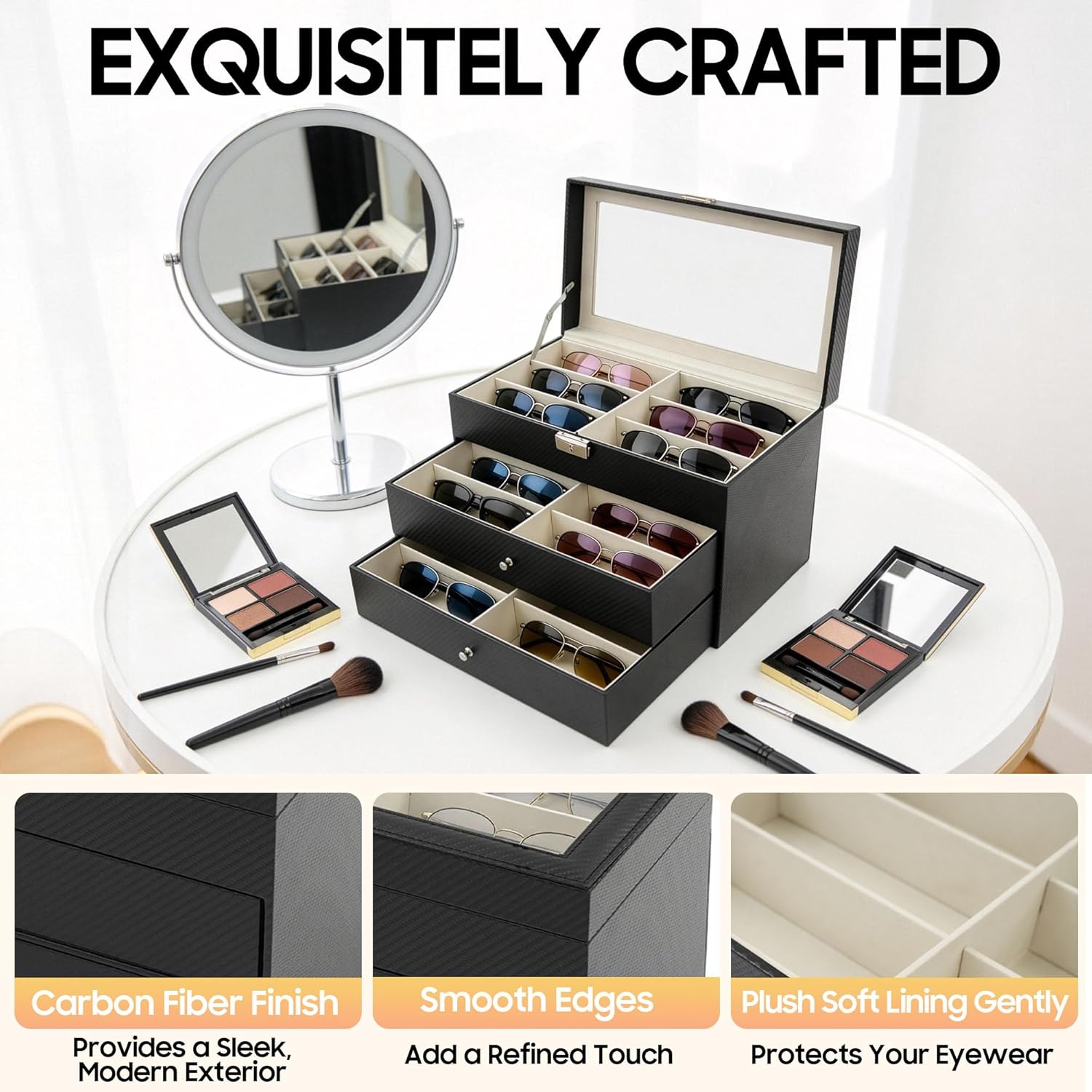 3 Layer 18 Slots Eyeglass Sunglass Storage Box Display Case Black Carbon Fiber Leather Textured Pattern