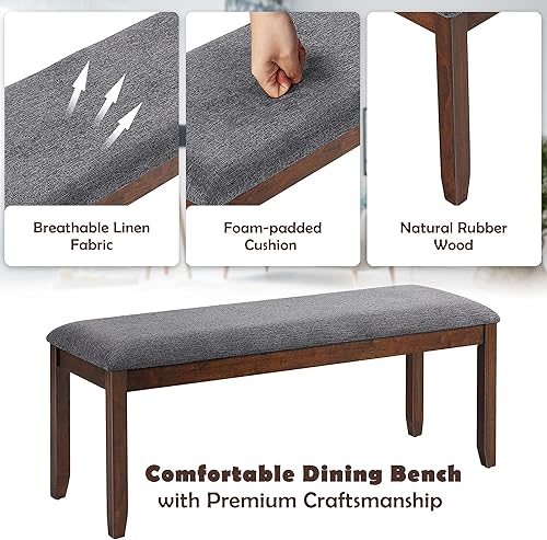 Miniatura 18 de DORTALA Juego de 2 bancos de comedor, banco largo tapizado con patas de madera de caucho natural, cojín acolchado de espuma, banco de tela de lino,