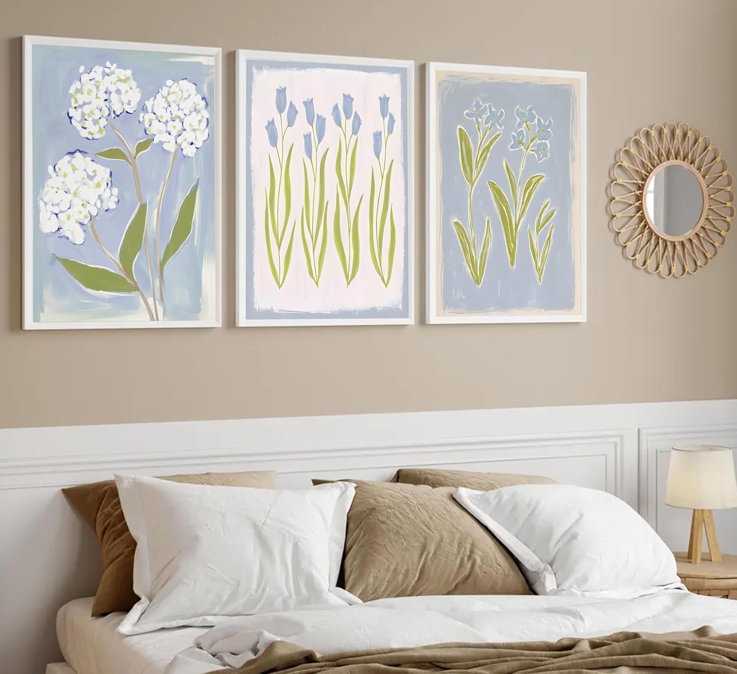 3Pcs Blue Green Tulip Hydrangea Flower Wall Art Flowers Plant Aesthetics Painting Picture Decor Elegant Preppy Poster Print Artwork for Living Room Gallery Bedroom Dorm Home Decoration