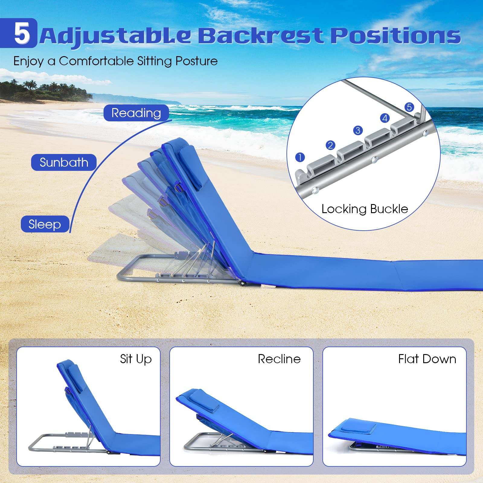 GIANTEX Lot de 2 Matelas de Plage Pliables avec Table d’Appoint, Chaises Longue Plage Réglables en 5 Positions avec Appui-Tête Amovible, Poche pour Jardin, Plage, Camping (Bleu)