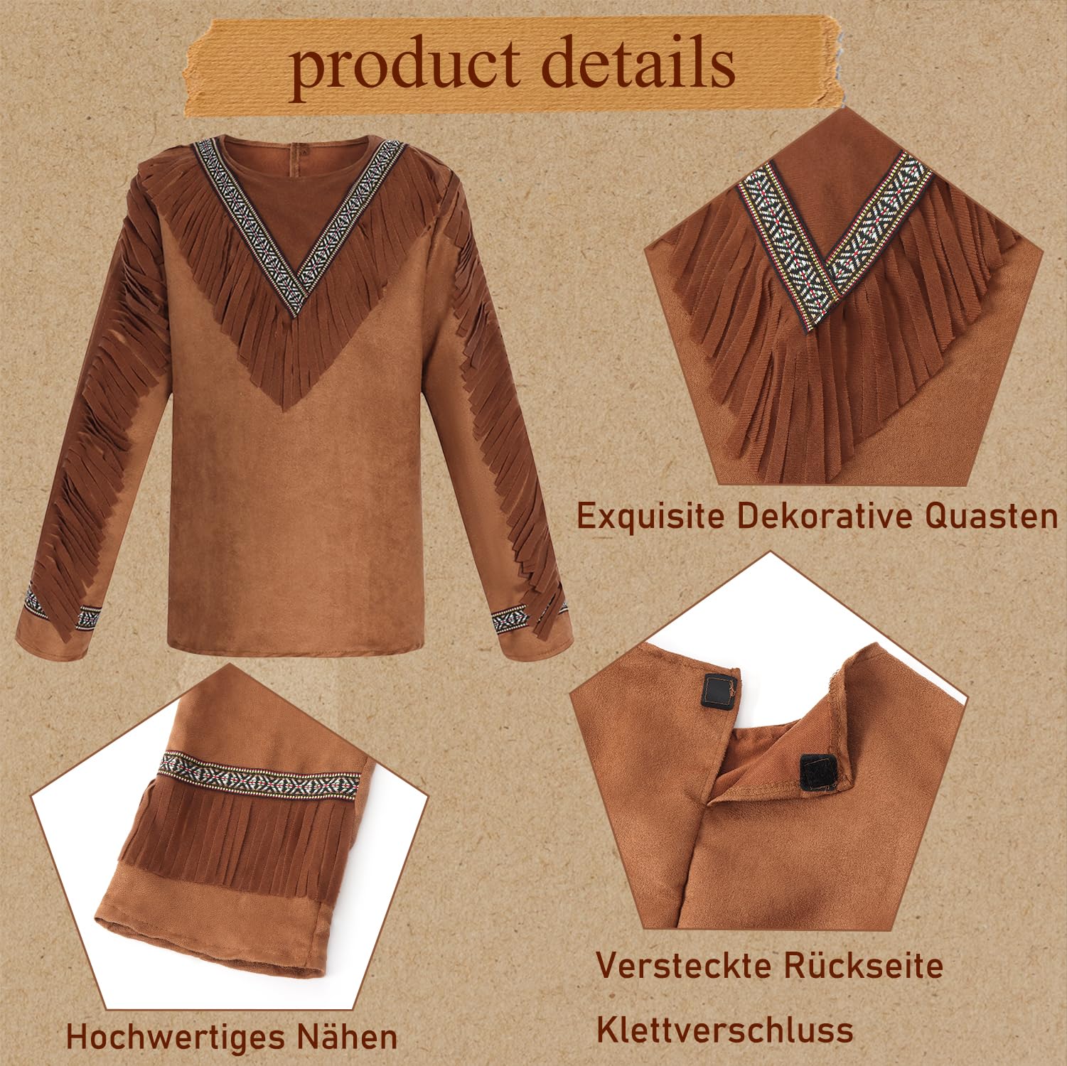Costume da indiano per bambini e bambine, con accessori per carnevale, costume da indiano, per bambini, cosplay con copricapo, collana girocollo per Halloween
