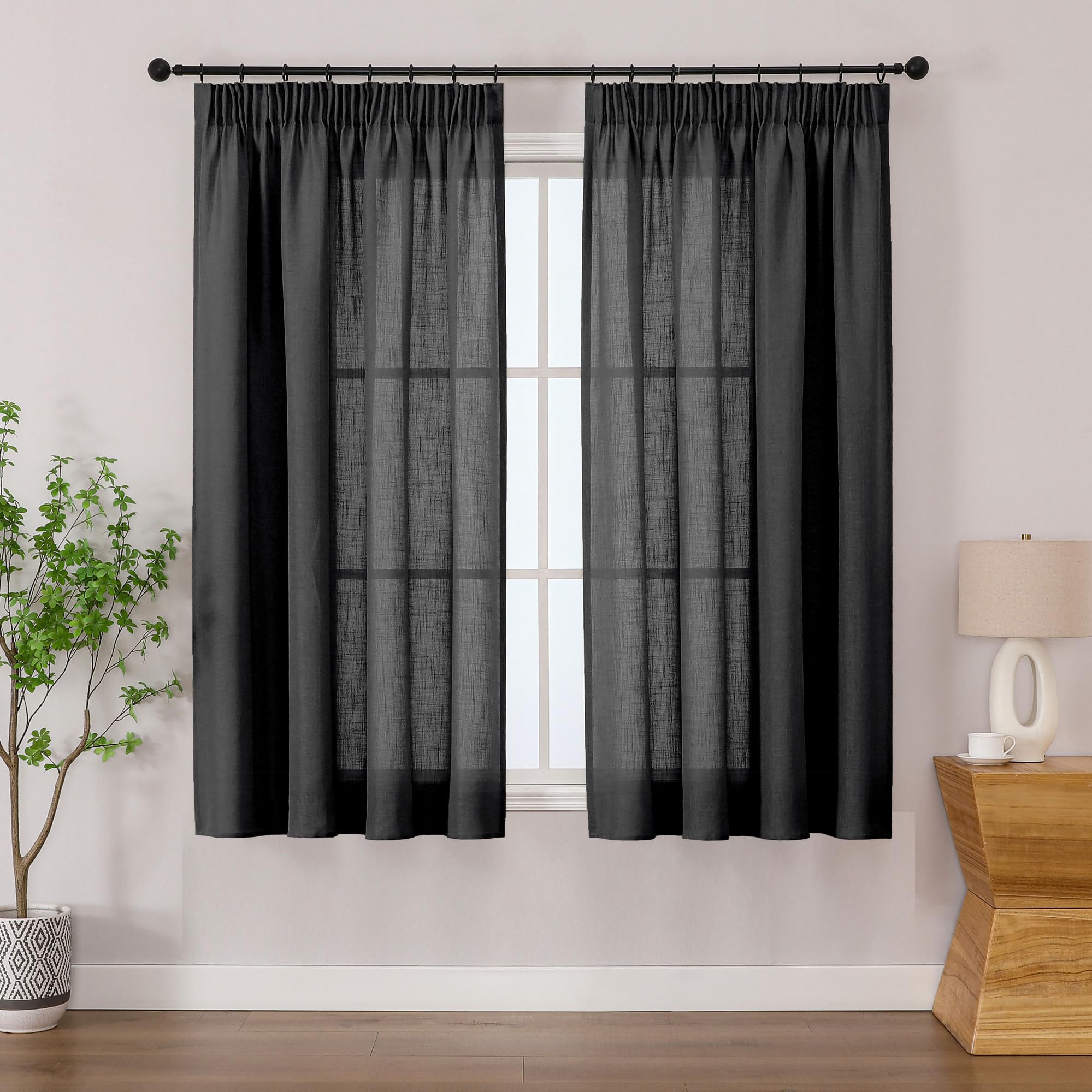 Simplebrand Black Linen Blend Pencil Pleat Curtains, Light Filtering Semi-Sheer Textured Window Drapes for Privacy, 2 Panels for Kitchen, Laundry Room & RV Camper, W140 x L137 cm