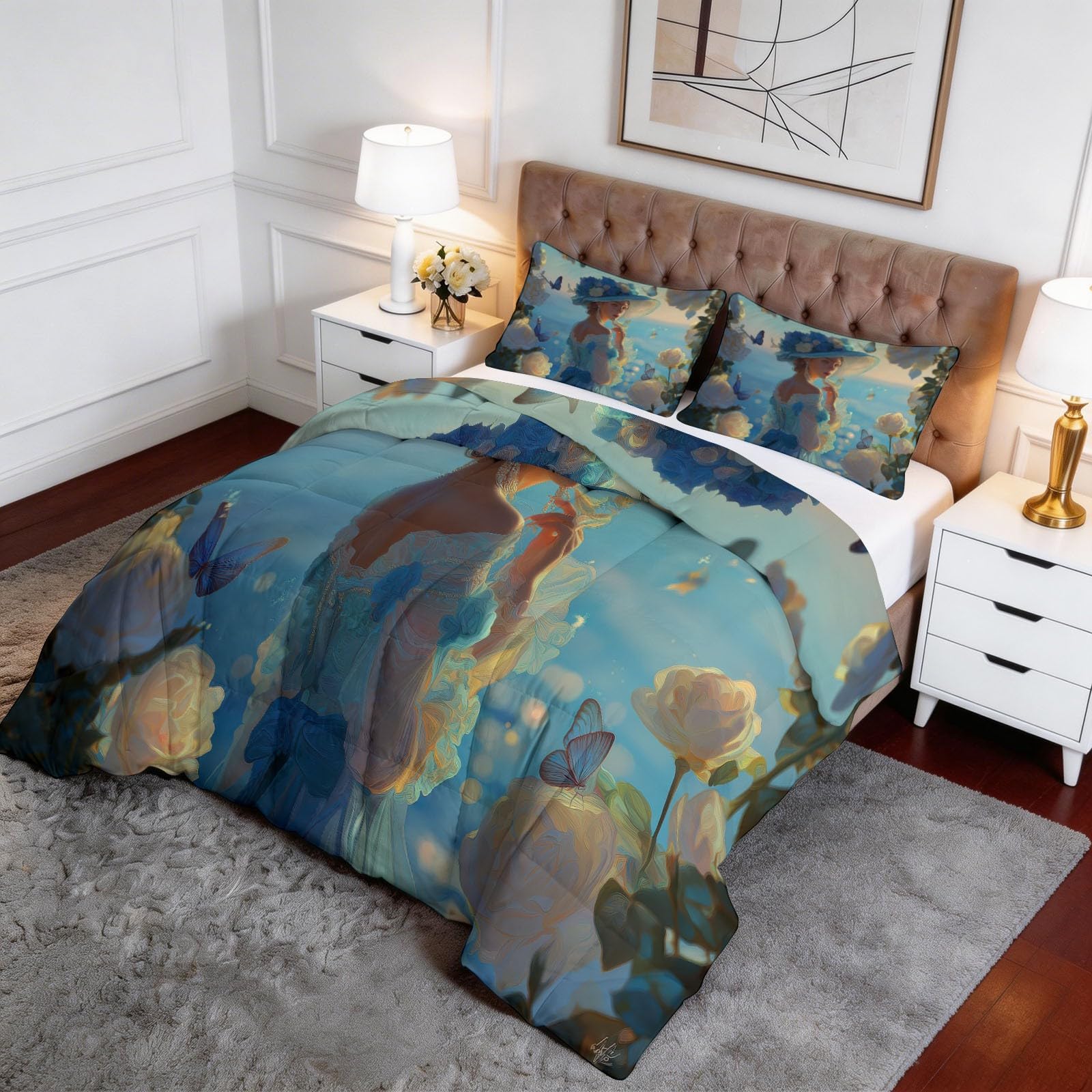 Trapunta 200 x 220 cm 4 stagioni blu trapunta stampata pittura ad olio donna costiera floreale per letto matrimoniale matrimoniale Edredon reversibile lavabile senza fodera per donne adulti residenti