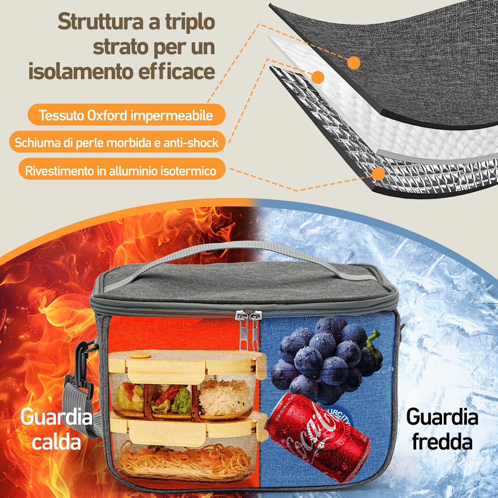Torba Termiczna na Lunch 6.4 L, Borsa Frigo Pranzo z Paskami, Izolowana Torba na Jedzenie do Pracy, Szkoły, Pikniku