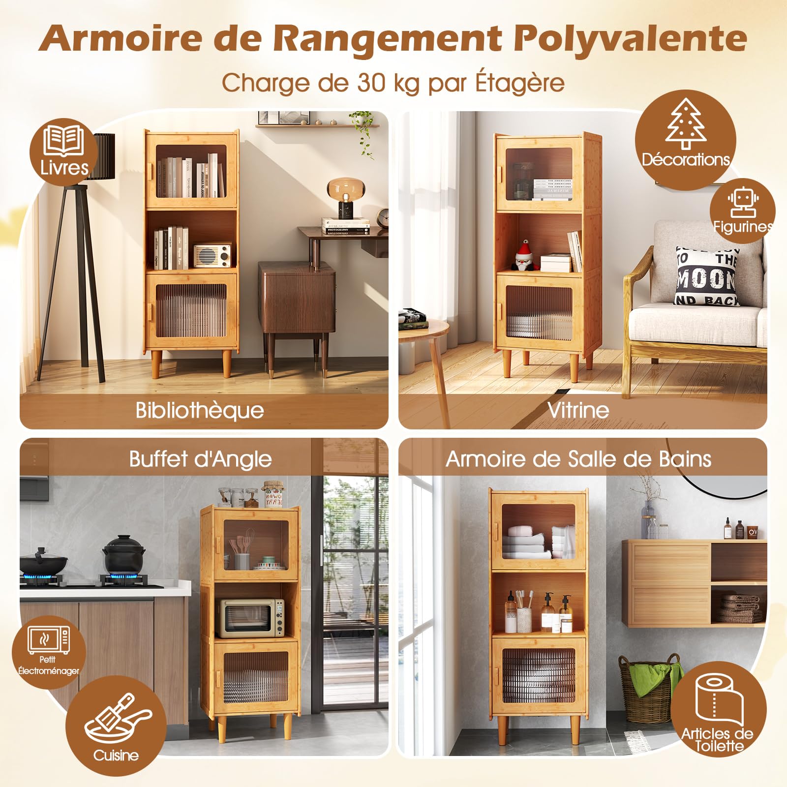 COSTWAY Buffet Vitrine 3 Compartiments, Armoire Cuisine Bambou Naturel, 49,5 x 40 x 130 cm, Porte Magnétique, Vaisselier Colonne Cuisine, Bibliothèque Salon