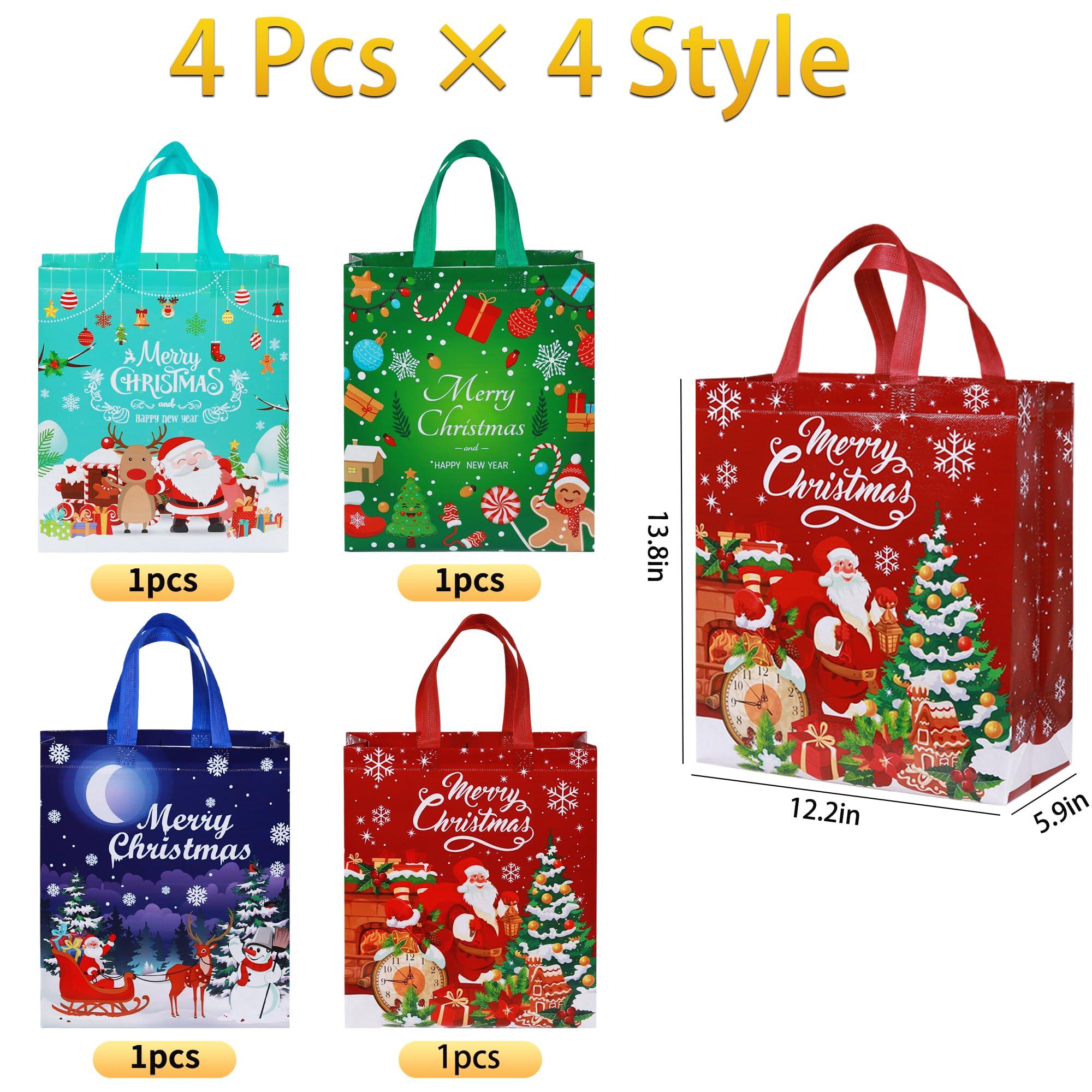 Pecehom 4Pcs Large Christmas Tote Bags,Reusable Waterproof Shopping Bag with Handle Non-woven Fabric Gift Bags for Holiday Xmas Event Party - Image 2