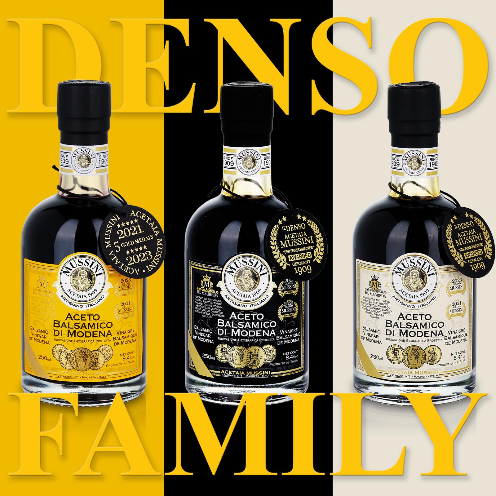 Mussini Aceto Balsamico Di Modena IGP – IL DENSO 12 ans – 5 médailles d'or – 250 ml – primé de la région de Modena Emilia-Romagna – Fabrication artisanale dans 12 types de fûts en bois différents