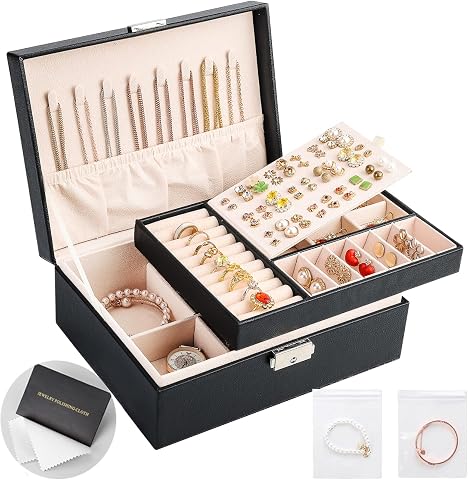Jewelry Boxes for Women Girls 2 Layers Jewelry Organizer Box leather Jewelry Case with Lock Jewelry Storage Box Removable Tray for Necklace Earring Ring with Polishing Cloth and 5 PCS Jewelry Bags