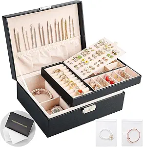 Jewelry Boxes for Women Girls 2 Layers Jewelry Organizer Box leather Jewelry Case with Lock Jewelry Storage Box Removable Tray for Necklace Earring Ring with Polishing Cloth and Jewelry Bags