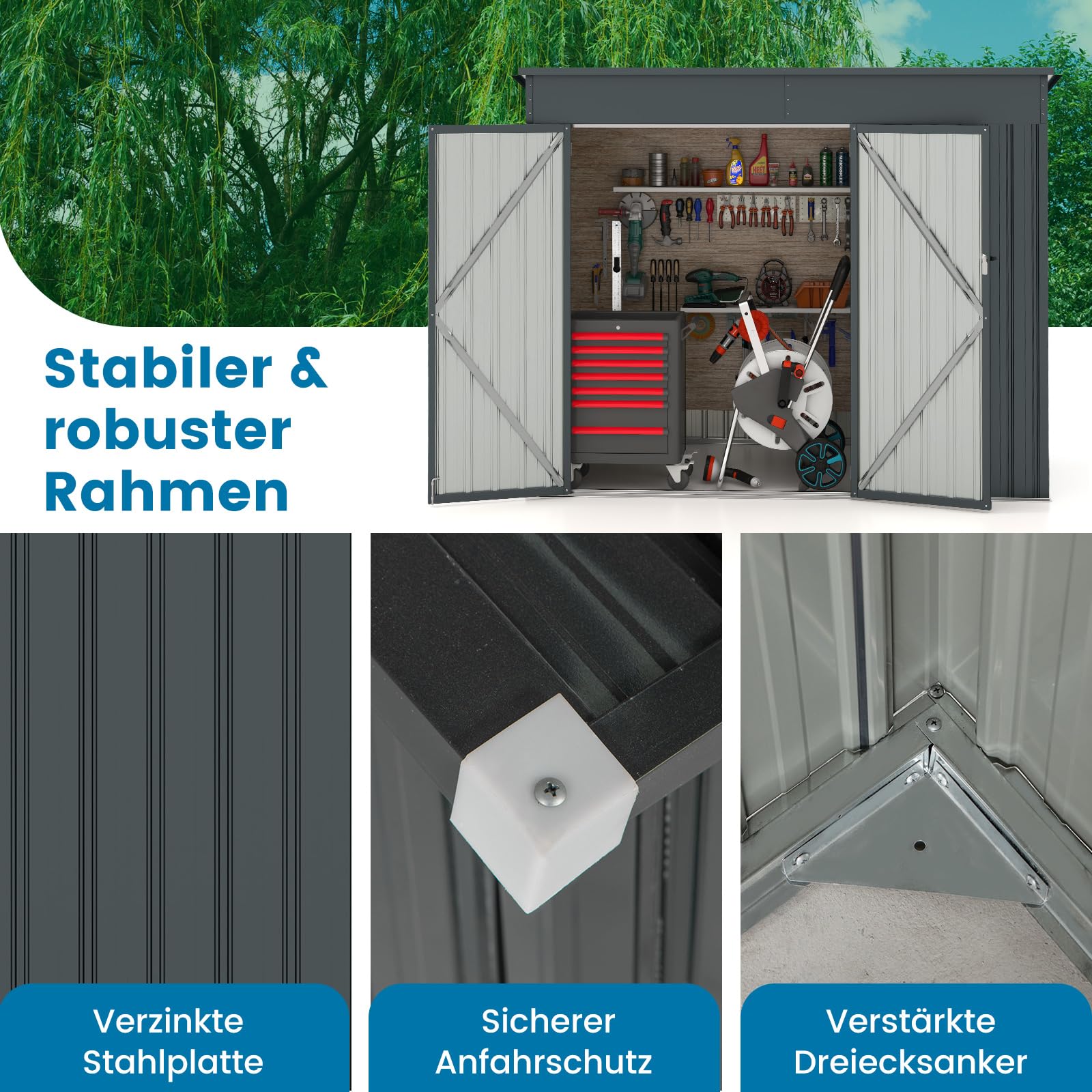 COSTWAY Gartenhaus Metall, 235 x 117 x 185 cm, Gerätehaus mit Vordertür & Seitentür & Pultdach, Geräteschuppen abschließbar, Gartenhütte Gartenschuppen, Garten Schuppen Outdoor (Dunkelgrau)