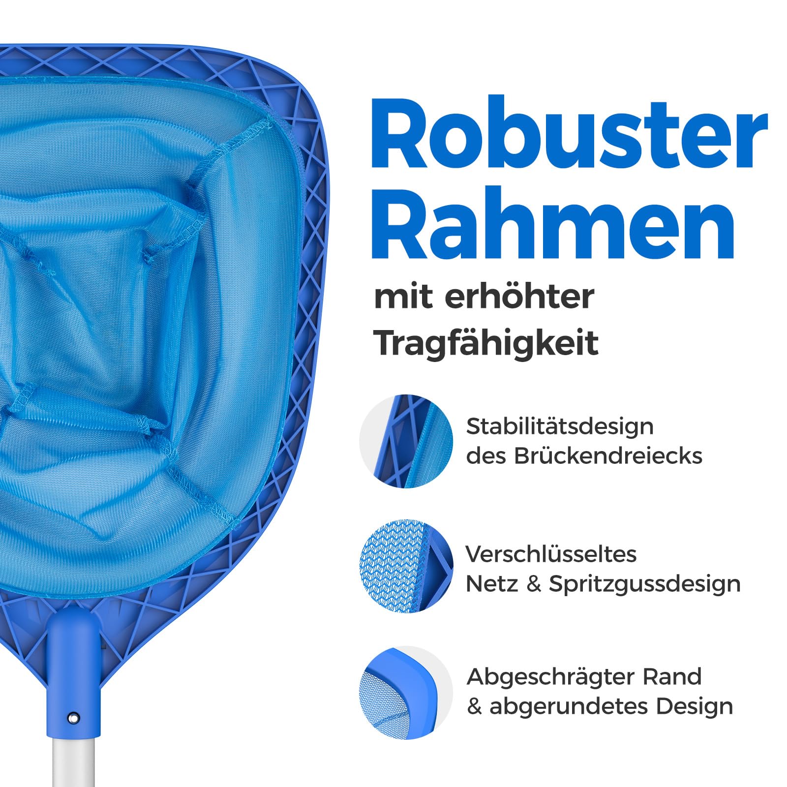 Mowend Retino per Piscina, Retina Raccogli Foglie per Piscina con Stabile Palo in Alluminio da 1,14 m, retino per Piscina Professionale con 4 Pali per Piscina, Spa, Laghetti, Sorgenti Termali
