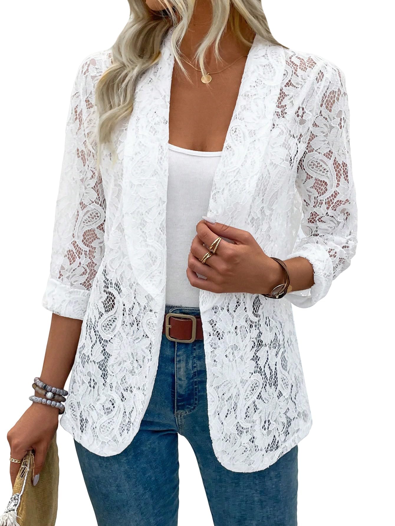 Womens Lace Open-Front Blazer Floral Lace Single-Button Lapel Sheer Mesh Blazer Jacket Elegant Long-Sleeved Coat