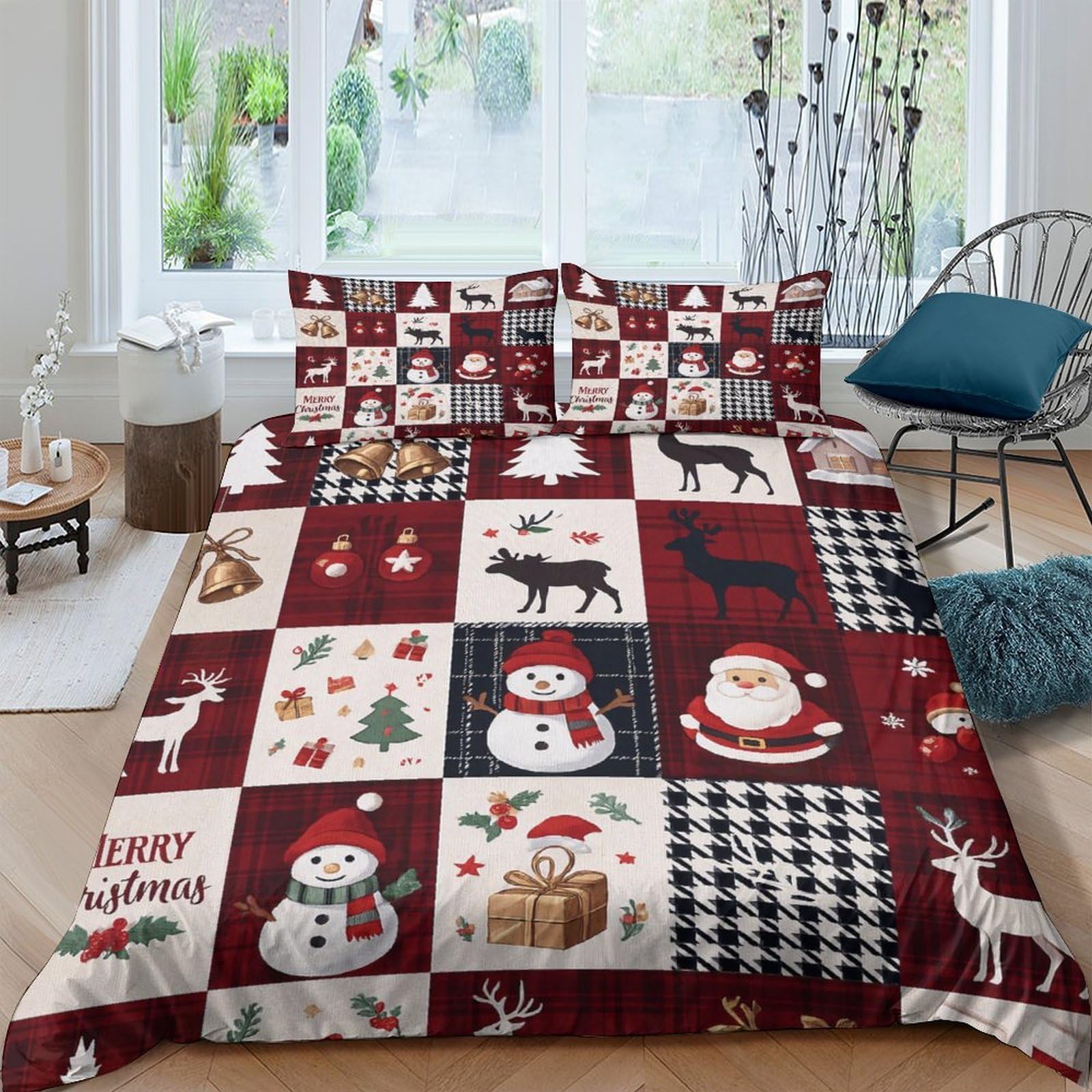 Ctjqhvkz Style-3 3D Printed Christmas Patchwork Fitted Sheet Microfiber Soft Red White Snowman Santa Bed Cover For Bedroom Guestroom Single（135X200cm）